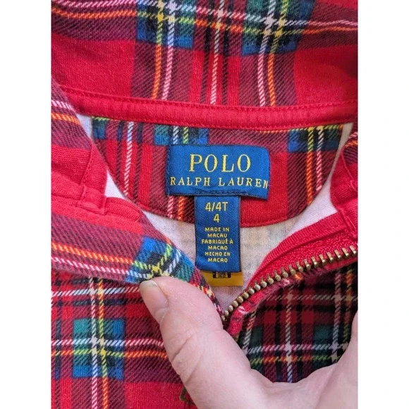Polo Ralph Lauren Kids Red Tartan Plaid Quarter Zip Pullover Sweater Kids Boys 4 - Picture 3 of 7